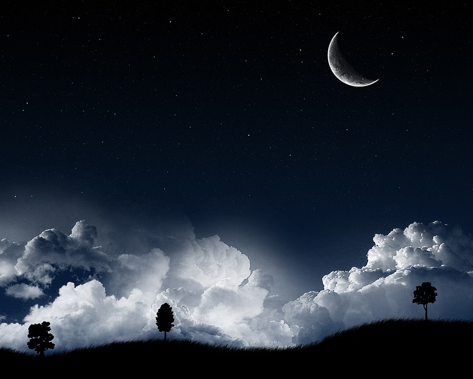 white clouds, landscape, night, Moon, clouds HD wallpaper
