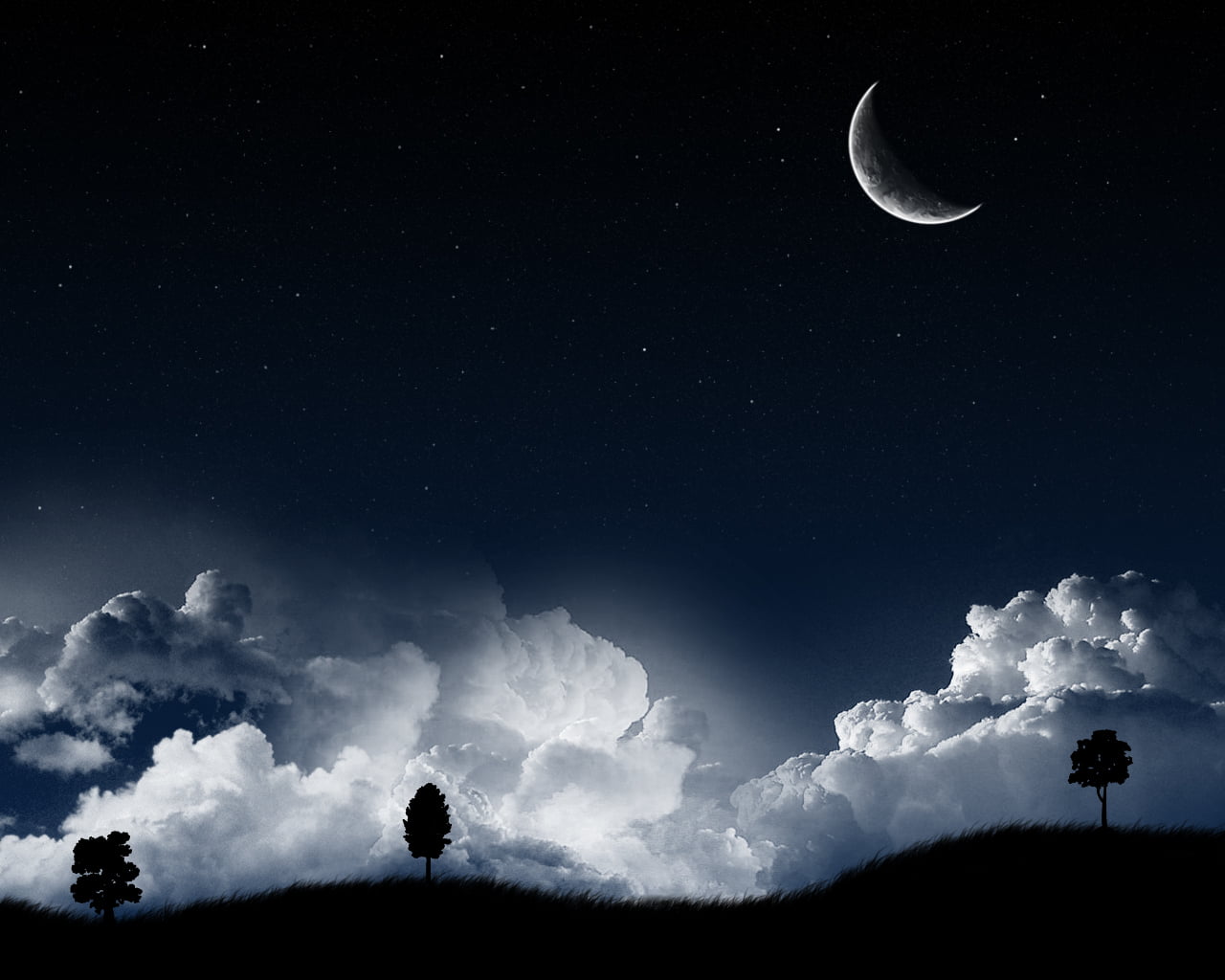 white clouds, landscape, night, Moon, clouds