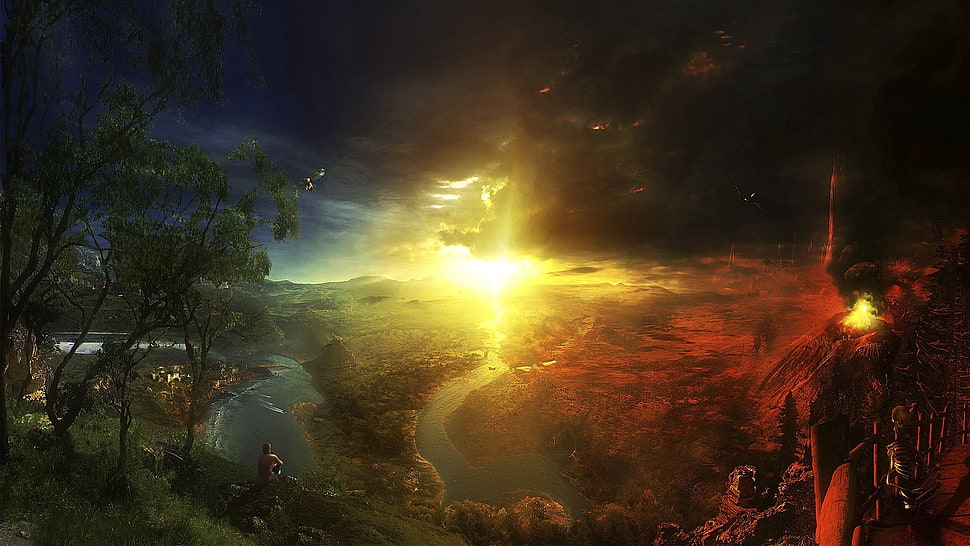 brown and black abstract painting, digital art, sunlight, hell, fantasy art HD wallpaper