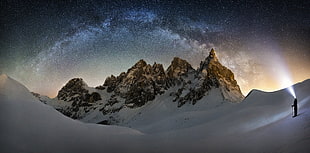 brown rock mountains, nature, landscape, Milky Way, snow HD wallpaper