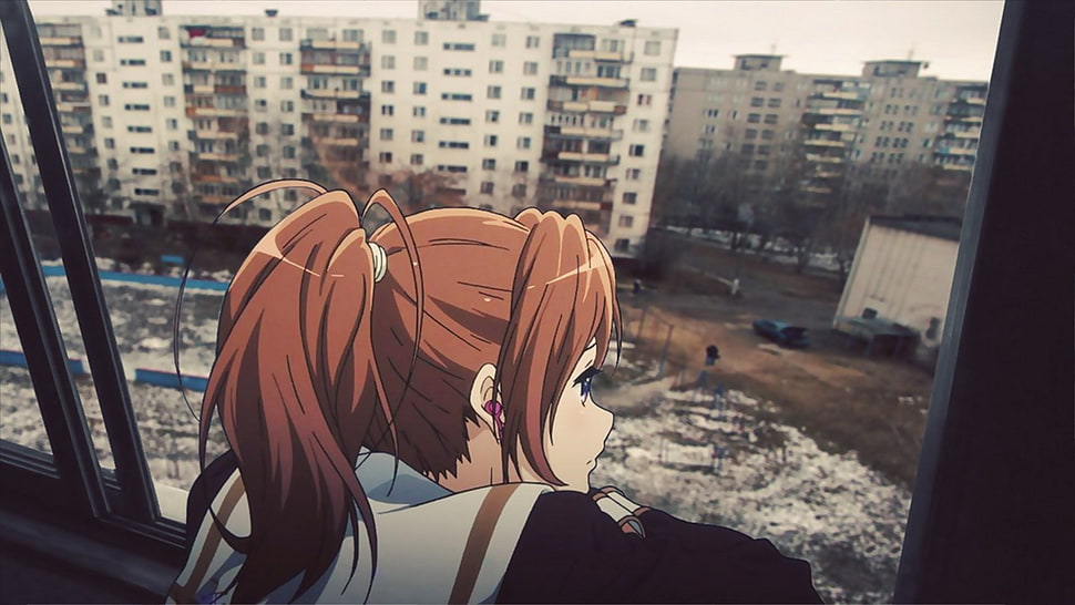 brown-haired anime character looking outside of the window HD wallpaper