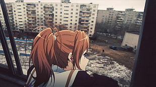 brown-haired anime character looking outside of the window