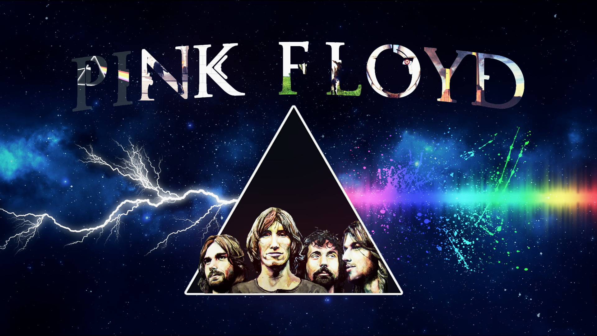 Pink Floyd illustration, Pink Floyd, triangle, sky, lightning