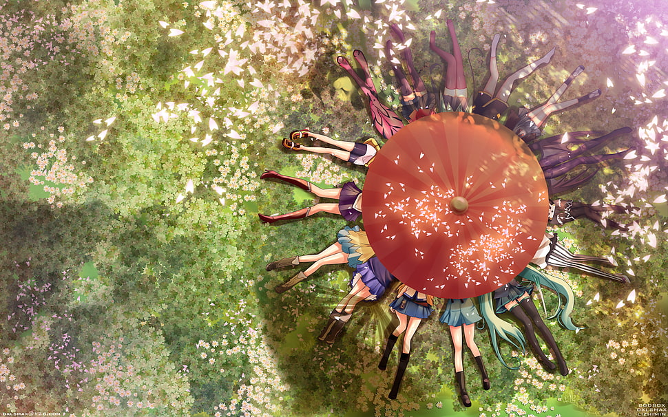 Vocaloids under orange umbrella digital wallpaper, Makinami Mari, Tsukino Usagi, Suzumiya Haruhi , Ranka Lee HD wallpaper