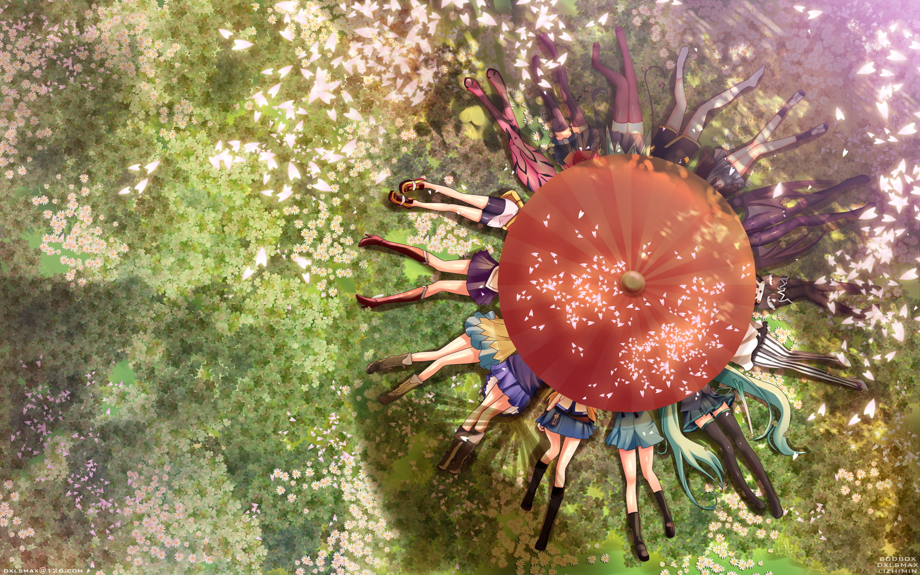 Vocaloids under orange umbrella digital wallpaper, Makinami Mari, Tsukino Usagi, Suzumiya Haruhi , Ranka Lee