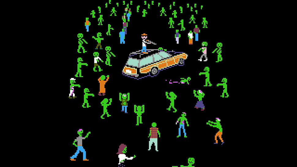 man on top of car surrounded by zombies clip art, black background, digital art, minimalism, Organ Trail HD wallpaper