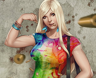 illustration of woman in multicolored shirt, blonde, colorful