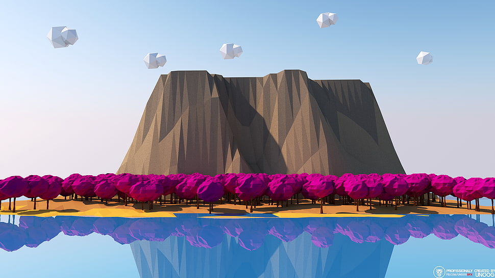 brown mountain 3D perspective illustration, low poly, trees, mountains, reflection HD wallpaper