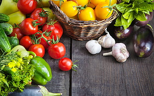 assorted vegetable lot, food, vegetables, tomatoes, eggplant