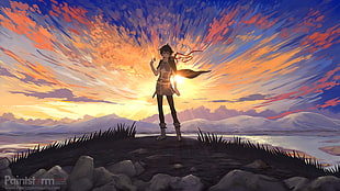 brown and black wooden table, sunset, digital art HD wallpaper