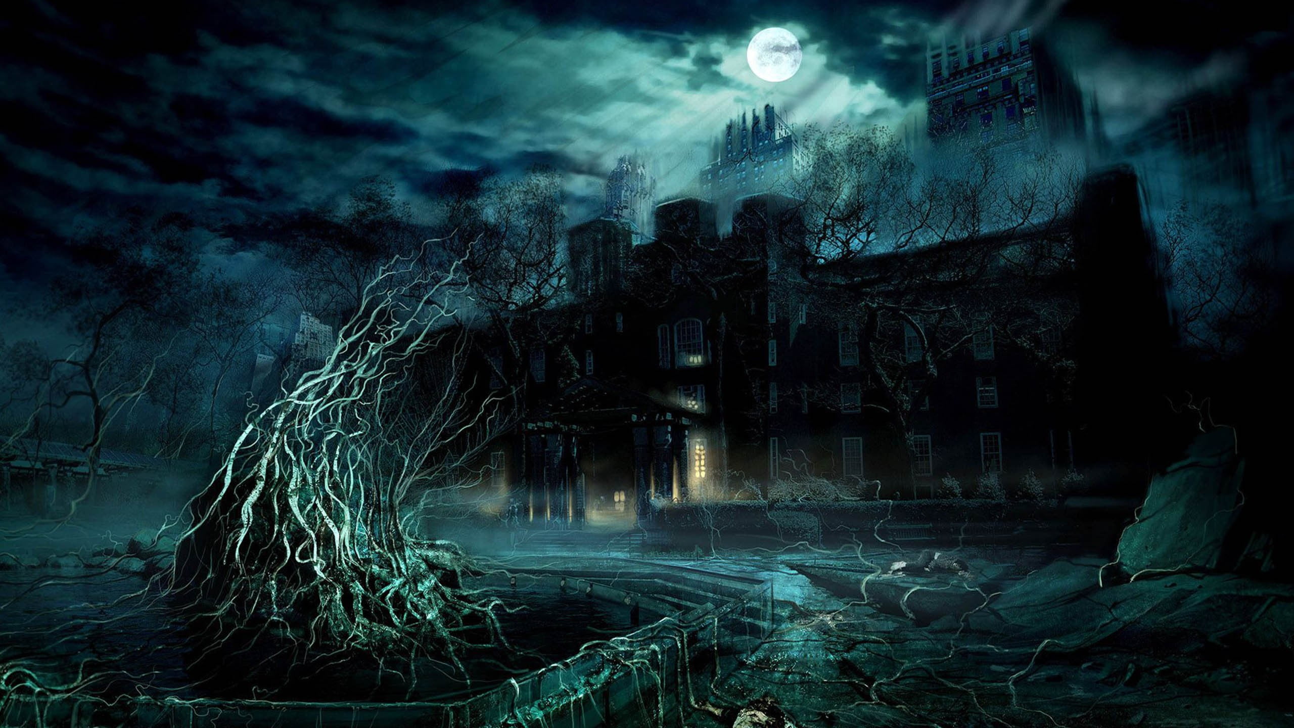 leafless tree near castle digital wallpaper, fantasy art, spooky, building, night