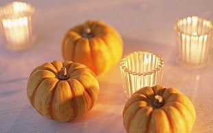 three orange pumpkins beside glass containers on white surface top
