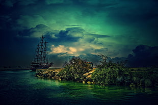 brown ship and field of trees, fantasy art, sea, clouds, ship