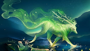 animated illustration of green 4-legged animal, fantasy art