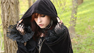 women's black hoodie dress, women, Gothic, piercing, nose rings