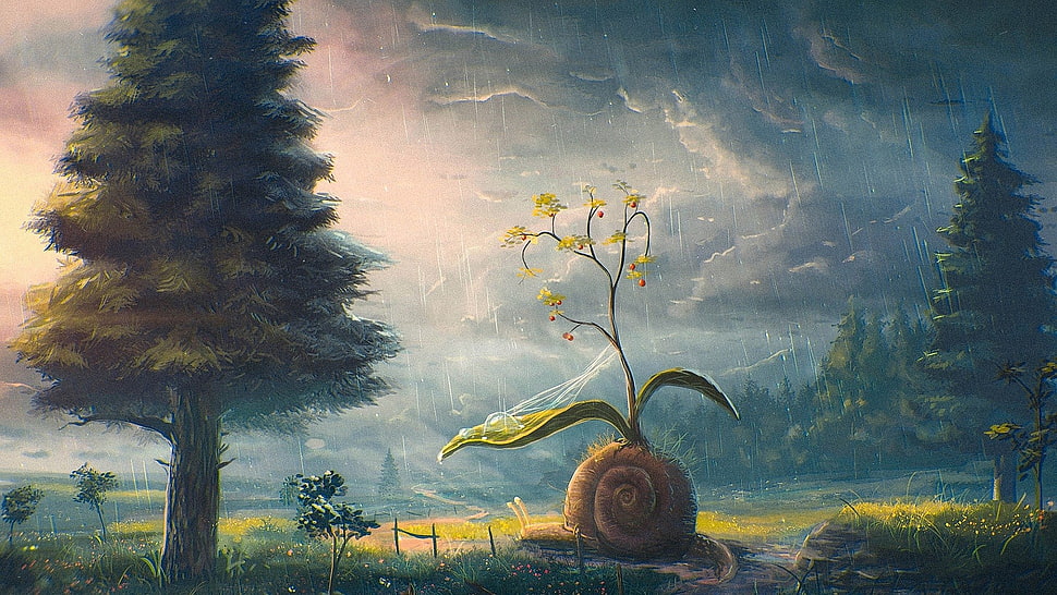 tree with cloudy sky wall art, Sylar, fantasy art, rain, nature HD wallpaper