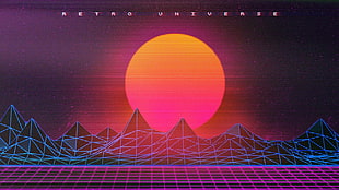 mountain and moon illustration, New Retro Wave, neon, glitch art