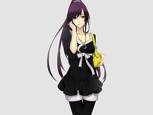 female anime character wearing black square-neck short-sleeved dress