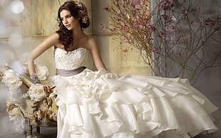 women wearing white strapless wedding gown HD wallpaper