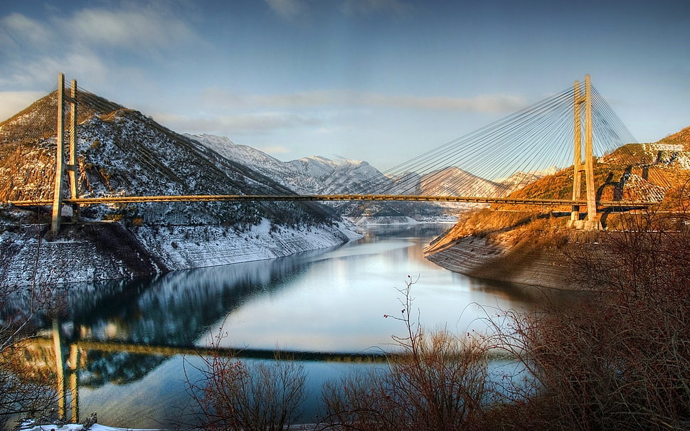 gray concrete bridge, landscape, nature, bridge, fall HD wallpaper