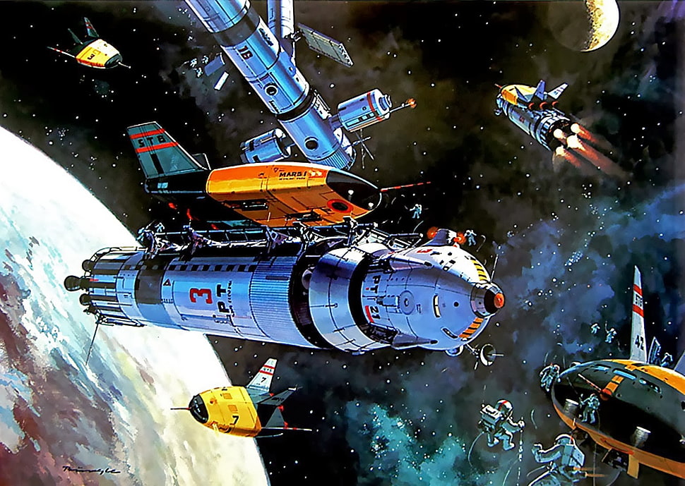 spaceship, science fiction, artwork, retro science fiction HD wallpaper