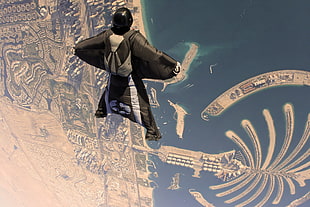 Dubai cityscape, United Arab Emirates, island, skydiving, wingsuit HD wallpaper