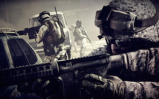 grayscale  photography  of soldier holding assault rifle HD wallpaper