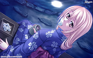 pink haired female anime character in blue and white dress