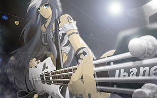 gray haired girl anime girl playing bass guitar