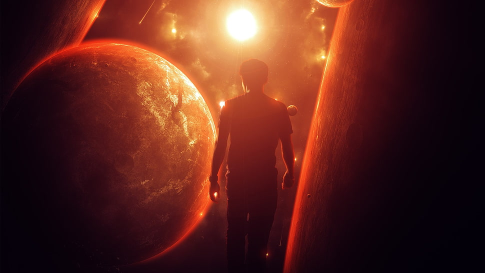 silhouette of man facing planets 3D wallpaper, galaxy, planet, lights, universe HD wallpaper