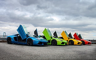 four assorted-color sports cards, DoctaM3, Lamborghini, blue cars, green cars