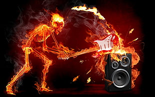 black stereo speaker, guitar, fire, music, skeleton