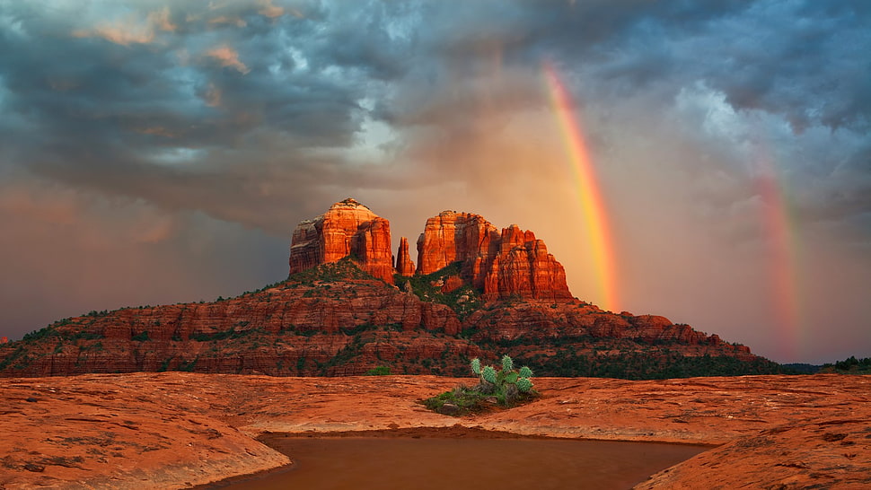 brown mountain and rainbow, nature, sky, rainbows, Arizona HD wallpaper
