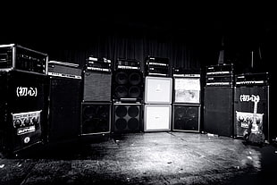 grayscale photo of road case lot