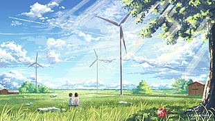 windmills and children sitting on grass fields painting, anime, original characters, sky, landscape