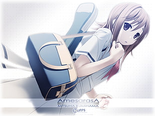 gray haired anime character holding blue school bag illustration HD wallpaper