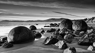 grayscale photo of rock formation, nature, landscape, rock, water