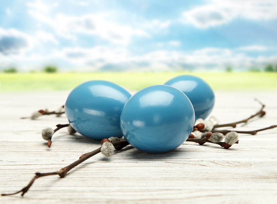 three blue pebbles in tilt-shift photography HD wallpaper