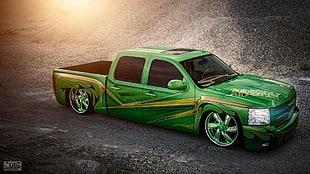 photo of green modified pickup truck graphic wallpaper HD wallpaper