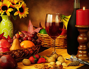 clear wine glass on table with fruits