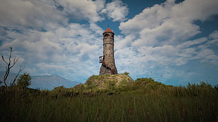 brown lighthouse on green grass field under cloudy sky, The Witcher 3: Wild Hunt, lighthouse, nature