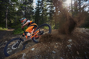 orange and black bike, Downhill mountain biking, mountain bikes, dirt, sport  HD wallpaper