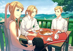two male and one female anime characters illustration, Fullmetal Alchemist: Brotherhood, Elric Edward, Elric Alphonse, Rockbell Winry
