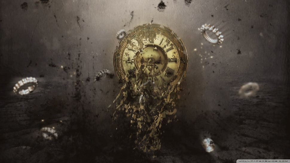 round black and brown clock digital wallpaper, clocks, surreal HD wallpaper