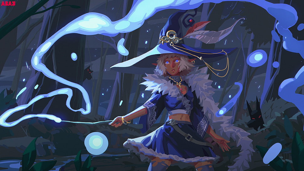 white haired female character in blue dress and hat illustration, fantasy art, magic, water HD wallpaper