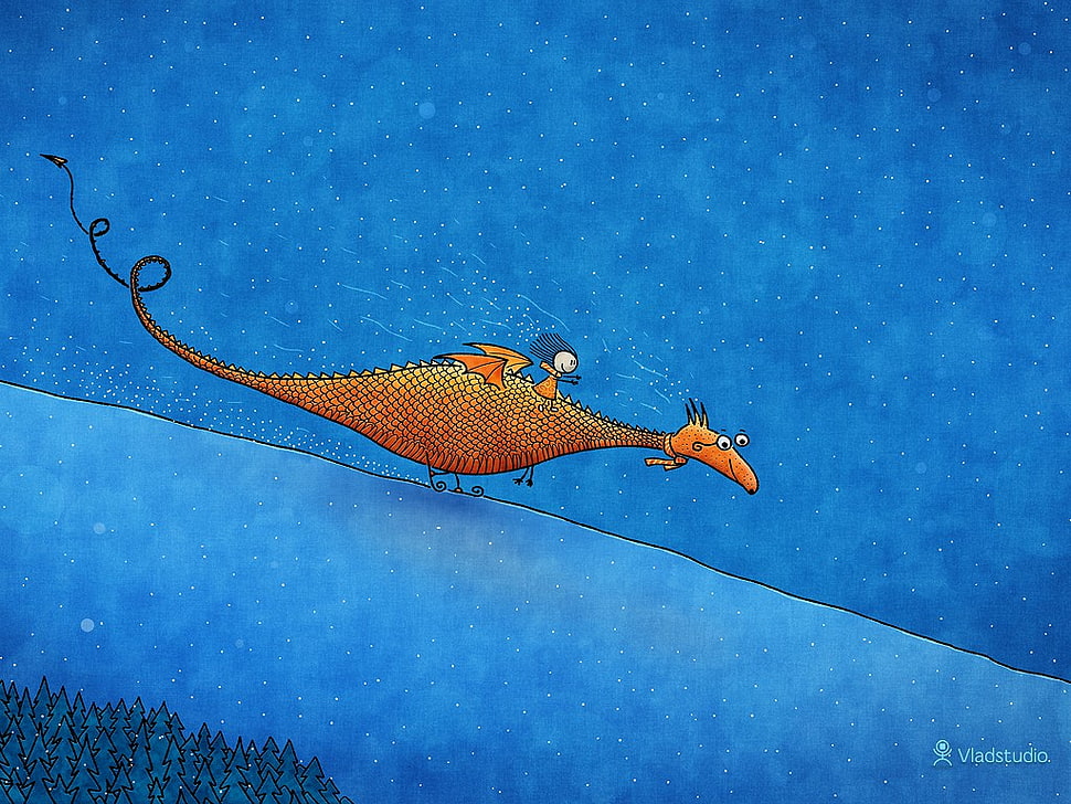 toddler riding on dragon illustration, Vladstudio, dragon, snow, artwork HD wallpaper