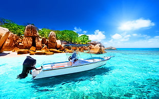 white speedboat, Seychelles, boat, sea, nature