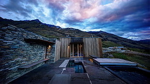 square brown wooden platform, cabin, modern, house, mountains HD wallpaper