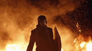 person wearing black gas mask digital wallpaper, fire, gas masks, protestors