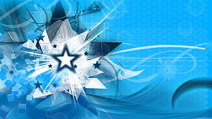 white and black floral textile, digital art, stars, blue background, geometry